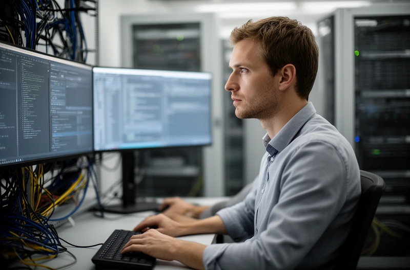 Técnico realizando mantenimiento correctivo en servidor empresarial, Centro de operaciones IT con monitorización de sistemas en tiempo real, Equipo de soporte técnico gestionando incidencias IT críticas, Infraestructura tecnológica empresarial con sistemas de backup y seguridad, Profesional IT diagnosticando fallo en red empresarial con herramientas avanzadas