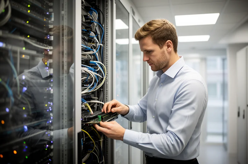 Técnico realizando mantenimiento correctivo en servidor empresarial, Centro de operaciones IT con monitorización de sistemas en tiempo real, Equipo de soporte técnico gestionando incidencias IT críticas, Infraestructura tecnológica empresarial con sistemas de backup y seguridad, Profesional IT diagnosticando fallo en red empresarial con herramientas avanzadas