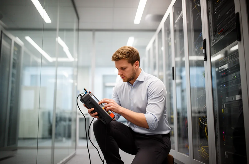 Técnico realizando mantenimiento correctivo en servidor empresarial, Centro de operaciones IT con monitorización de sistemas en tiempo real, Equipo de soporte técnico gestionando incidencias IT críticas, Infraestructura tecnológica empresarial con sistemas de backup y seguridad, Profesional IT diagnosticando fallo en red empresarial con herramientas avanzadas