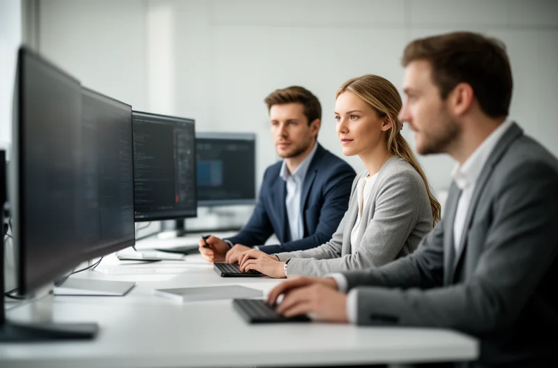 Técnico realizando mantenimiento correctivo en servidor empresarial, Centro de operaciones IT con monitorización de sistemas en tiempo real, Equipo de soporte técnico gestionando incidencias IT críticas, Infraestructura tecnológica empresarial con sistemas de backup y seguridad, Profesional IT diagnosticando fallo en red empresarial con herramientas avanzadas