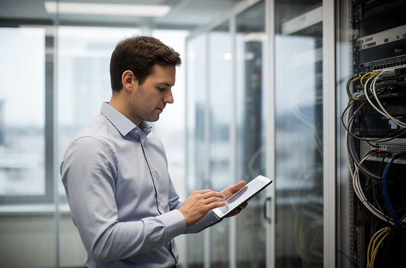 técnico realizando mantenimiento preventivo en servidor empresarial, monitorización remota de sistemas informáticos en tiempo real, auditoría técnica de infraestructura IT en oficina, plan de mantenimiento preventivo documentado para pymes, herramientas profesionales de gestión y control de redes