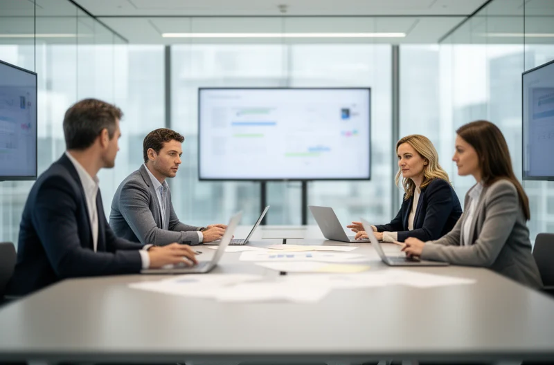 Equipo empresarial revisando plan estratégico IT en sala de reuniones moderna, Dashboard con KPIs y métricas de rendimiento tecnológico en pantalla, Arquitectura de infraestructura IT cloud y on-premise con iconos de seguridad, Consultor IT presentando roadmap tecnológico con marcos ITIL y COBIT, Monitorización en tiempo real de sistemas críticos empresariales con gráficos