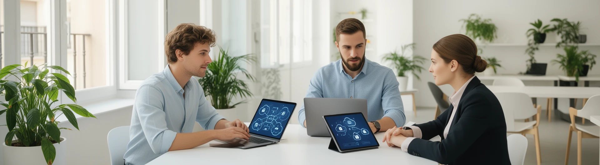 Equipo técnico profesional revisando infraestructura IT en empresa moderna, Profesional de informática proporcionando soporte técnico personalizado a cliente empresarial, Sistema de gestión integral de servicios IT con monitorización proactiva, Reunión de consultoría tecnológica entre proveedor IT y equipo directivo, Infraestructura de red empresarial con soluciones cloud y ciberseguridad avanzada