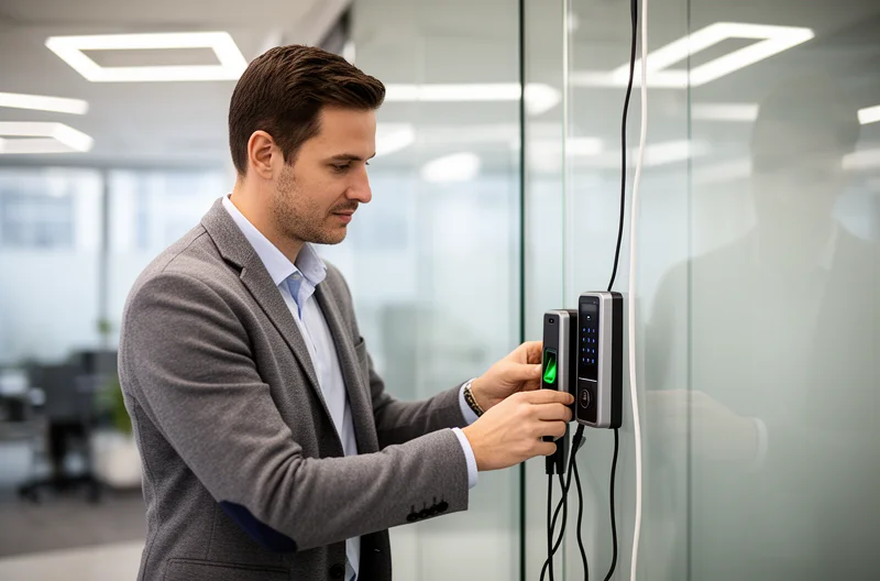 Instalación profesional de sistema de control de accesos en empresa moderna, Técnico configurando lector biométrico de huellas dactilares en puerta corporativa, Panel de gestión centralizada de control de accesos con múltiples puntos monitorizados, Torniquete de seguridad con tecnología RFID instalado en recepción empresarial, Ingeniero certificando cableado estructurado para sistema de control de accesos