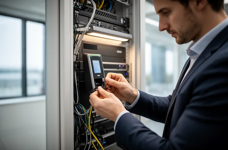 Instalación profesional de sistema de control de accesos en empresa moderna, Técnico configurando lector biométrico de huellas dactilares en puerta corporativa, Panel de gestión centralizada de control de accesos con múltiples puntos monitorizados, Torniquete de seguridad con tecnología RFID instalado en recepción empresarial, Ingeniero certificando cableado estructurado para sistema de control de accesos