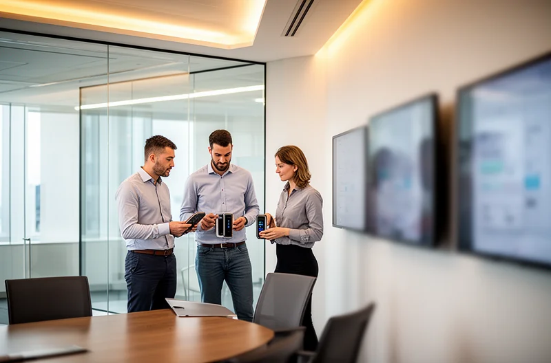 Instalación profesional de sistema de control de accesos en empresa moderna, Técnico configurando lector biométrico de huellas dactilares en puerta corporativa, Panel de gestión centralizada de control de accesos con múltiples puntos monitorizados, Torniquete de seguridad con tecnología RFID instalado en recepción empresarial, Ingeniero certificando cableado estructurado para sistema de control de accesos