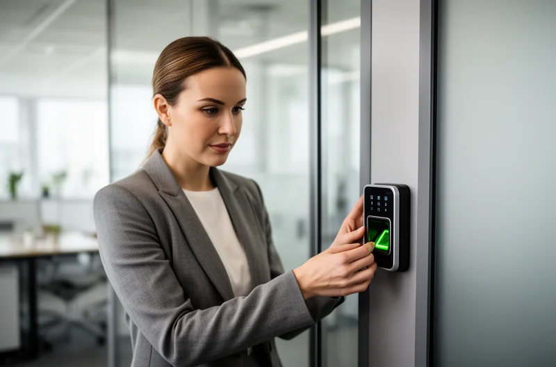 Instalación profesional de sistema de control de accesos en empresa moderna, Técnico configurando lector biométrico de huellas dactilares en puerta corporativa, Panel de gestión centralizada de control de accesos con múltiples puntos monitorizados, Torniquete de seguridad con tecnología RFID instalado en recepción empresarial, Ingeniero certificando cableado estructurado para sistema de control de accesos