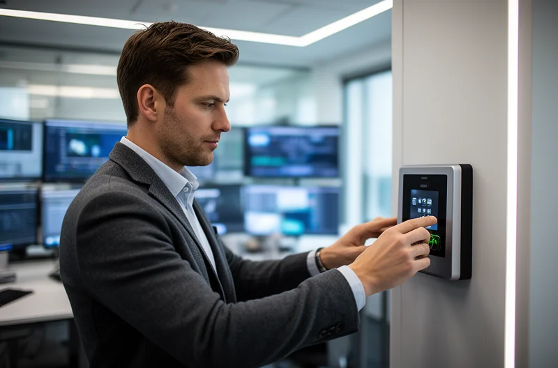 Instalación profesional de sistema de control de accesos en empresa moderna, Técnico configurando lector biométrico de huellas dactilares en puerta corporativa, Panel de gestión centralizada de control de accesos con múltiples puntos monitorizados, Torniquete de seguridad con tecnología RFID instalado en recepción empresarial, Ingeniero certificando cableado estructurado para sistema de control de accesos