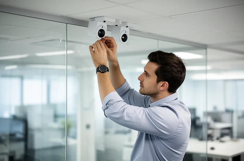 Sistema de sensores de calidad del aire instalado en oficina moderna, Panel de control ambiental mostrando datos en tiempo real de contaminantes, Técnico configurando sensor inteligente de monitoreo de aire interior, Dashboard centralizado con métricas de calidad ambiental y alertas, Instalación profesional de estación de monitoreo de partículas PM2.5