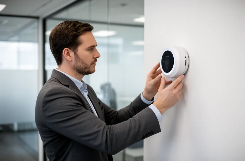 Sistema de sensores de calidad del aire instalado en oficina moderna, Panel de control ambiental mostrando datos en tiempo real de contaminantes, Técnico configurando sensor inteligente de monitoreo de aire interior, Dashboard centralizado con métricas de calidad ambiental y alertas, Instalación profesional de estación de monitoreo de partículas PM2.5