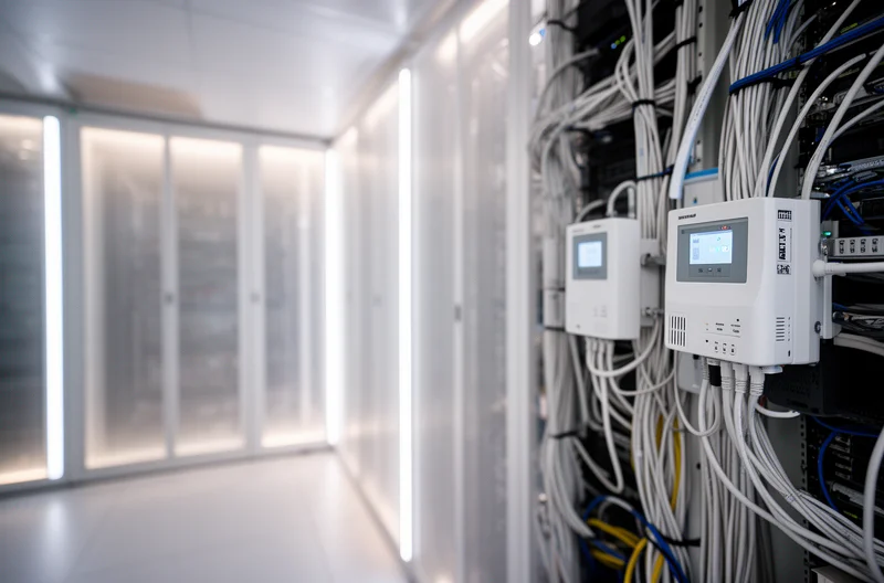 Sistema de sensores de calidad del aire instalado en oficina moderna, Panel de control ambiental mostrando datos en tiempo real de contaminantes, Técnico configurando sensor inteligente de monitoreo de aire interior, Dashboard centralizado con métricas de calidad ambiental y alertas, Instalación profesional de estación de monitoreo de partículas PM2.5