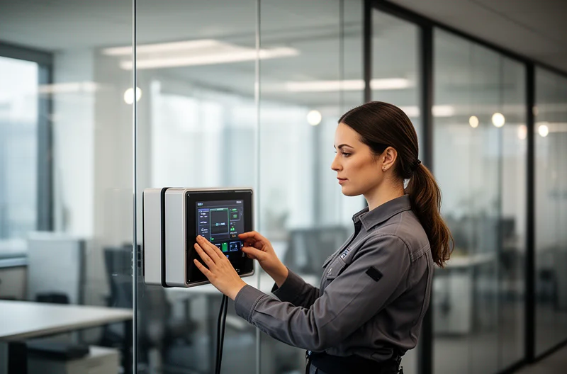 Sistema de sensores de calidad del aire instalado en oficina moderna, Panel de control ambiental mostrando datos en tiempo real de contaminantes, Técnico configurando sensor inteligente de monitoreo de aire interior, Dashboard centralizado con métricas de calidad ambiental y alertas, Instalación profesional de estación de monitoreo de partículas PM2.5