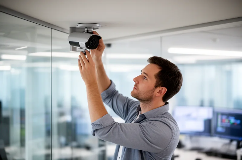 Técnico instalando cámara de videovigilancia profesional en edificio corporativo, Sistema de cámaras IP conectadas en red empresarial con monitorización centralizada, Cámara de seguridad exterior resistente con visión nocturna infrarroja instalada, Panel de control de videovigilancia mostrando múltiples cámaras en tiempo real, Infraestructura de red PoE para alimentación de cámaras de seguridad empresariales