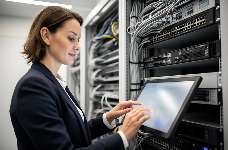 Técnico instalando cámara de videovigilancia profesional en edificio corporativo, Sistema de cámaras IP conectadas en red empresarial con monitorización centralizada, Cámara de seguridad exterior resistente con visión nocturna infrarroja instalada, Panel de control de videovigilancia mostrando múltiples cámaras en tiempo real, Infraestructura de red PoE para alimentación de cámaras de seguridad empresariales