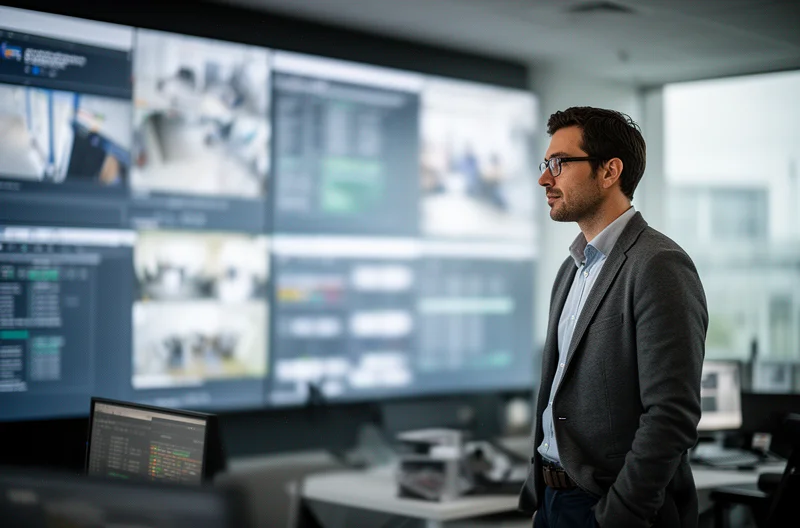 Técnico instalando cámara de videovigilancia profesional en edificio corporativo, Sistema de cámaras IP conectadas en red empresarial con monitorización centralizada, Cámara de seguridad exterior resistente con visión nocturna infrarroja instalada, Panel de control de videovigilancia mostrando múltiples cámaras en tiempo real, Infraestructura de red PoE para alimentación de cámaras de seguridad empresariales