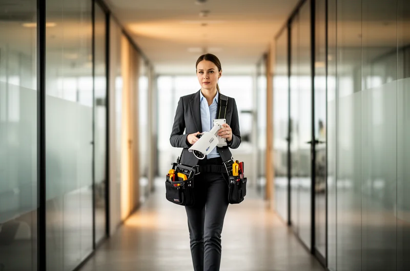 Técnico instalando cámara de videovigilancia profesional en edificio corporativo, Sistema de cámaras IP conectadas en red empresarial con monitorización centralizada, Cámara de seguridad exterior resistente con visión nocturna infrarroja instalada, Panel de control de videovigilancia mostrando múltiples cámaras en tiempo real, Infraestructura de red PoE para alimentación de cámaras de seguridad empresariales