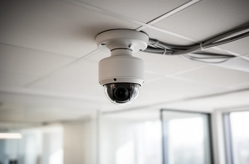 Técnico instalando cámara de videovigilancia profesional en edificio corporativo, Sistema de cámaras IP conectadas en red empresarial con monitorización centralizada, Cámara de seguridad exterior resistente con visión nocturna infrarroja instalada, Panel de control de videovigilancia mostrando múltiples cámaras en tiempo real, Infraestructura de red PoE para alimentación de cámaras de seguridad empresariales