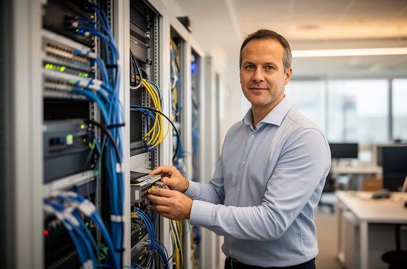 Instalación profesional de cableado estructurado en oficinas empresariales, Técnico certificando red informática con equipos de medición avanzados, Infraestructura de red empresarial con switches y racks organizados, Ingeniero configurando firewall de seguridad para protección de red corporativa, Sala de servidores con sistema de climatización y monitorización continua