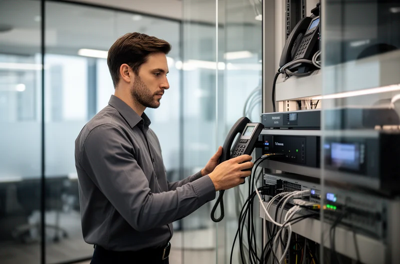 Centralita telefónica IP instalada en oficina empresarial moderna, Técnico configurando sistema de telefonía VoIP para empresa, Panel de control de centralita empresarial con múltiples extensiones, Equipo de trabajo utilizando extensiones móviles de centralita corporativa, Sala de servidores con infraestructura de comunicaciones empresariales