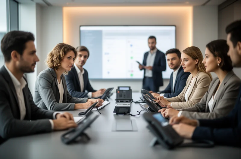 Centralita telefónica IP instalada en oficina empresarial moderna, Técnico configurando sistema de telefonía VoIP para empresa, Panel de control de centralita empresarial con múltiples extensiones, Equipo de trabajo utilizando extensiones móviles de centralita corporativa, Sala de servidores con infraestructura de comunicaciones empresariales