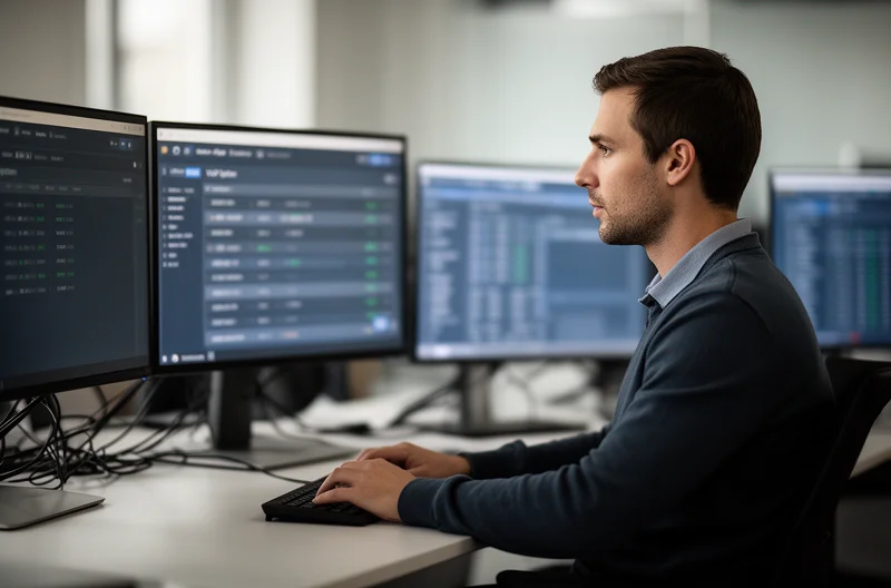 Centralita telefónica IP instalada en oficina empresarial moderna, Técnico configurando sistema de telefonía VoIP para empresa, Panel de control de centralita empresarial con múltiples extensiones, Equipo de trabajo utilizando extensiones móviles de centralita corporativa, Sala de servidores con infraestructura de comunicaciones empresariales