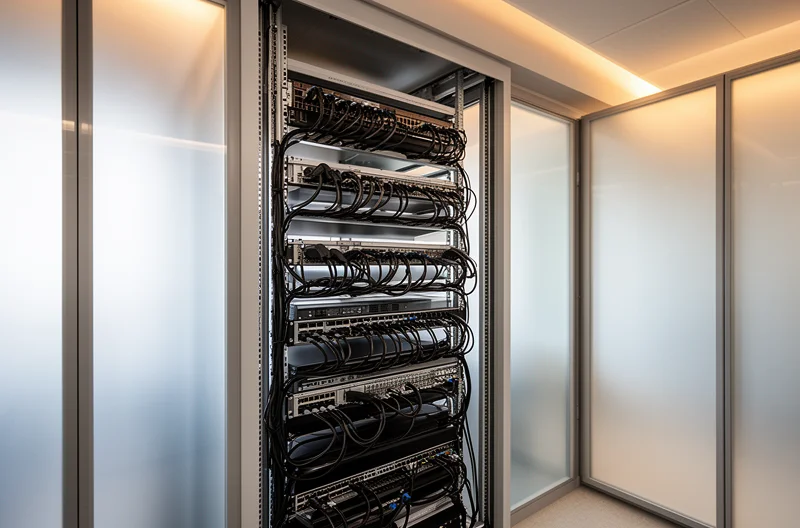 Centralita telefónica IP instalada en oficina empresarial moderna, Técnico configurando sistema de telefonía VoIP para empresa, Panel de control de centralita empresarial con múltiples extensiones, Equipo de trabajo utilizando extensiones móviles de centralita corporativa, Sala de servidores con infraestructura de comunicaciones empresariales