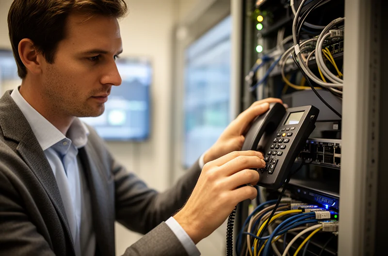 Sistema de voz IP empresarial en sala de reuniones, Teléfono IP multiconferencia Panasonic NT700 para empresas, Infraestructura de telefonía VoIP corporativa, Implementación de voz IP en oficina moderna