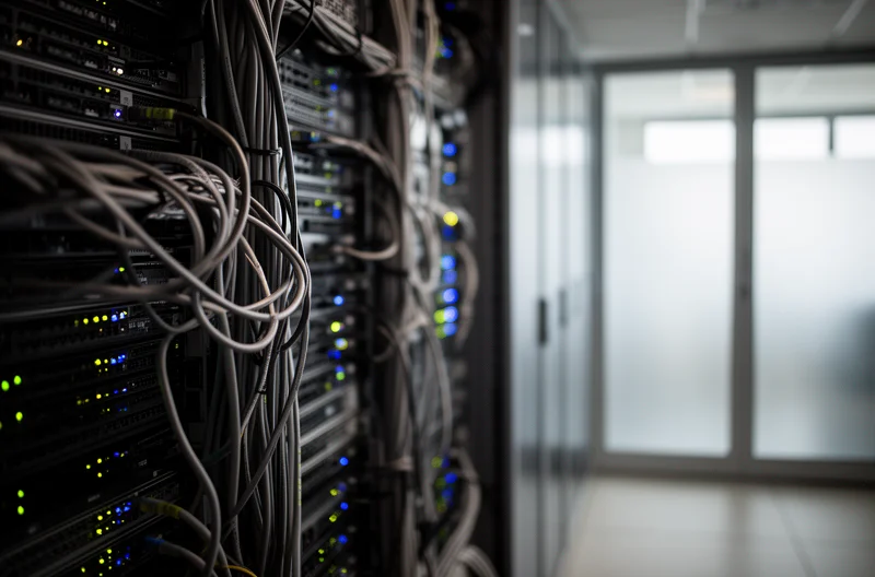 Equipo de profesionales IT gestionando infraestructura tecnológica empresarial, Consultor tecnológico analizando sistemas informáticos en oficina moderna, Servidor de red empresarial con monitorización y gestión remota, Empresario revisando reducción de costes IT en dashboard digital, Especialistas en ciberseguridad implementando soluciones de protección empresarial