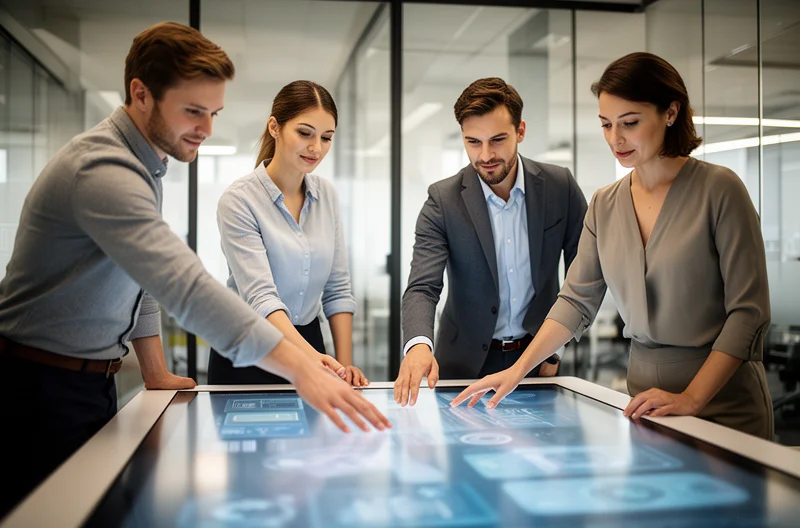 Equipo de profesionales IT gestionando infraestructura tecnológica empresarial, Consultor tecnológico analizando sistemas informáticos en oficina moderna, Servidor de red empresarial con monitorización y gestión remota, Empresario revisando reducción de costes IT en dashboard digital, Especialistas en ciberseguridad implementando soluciones de protección empresarial